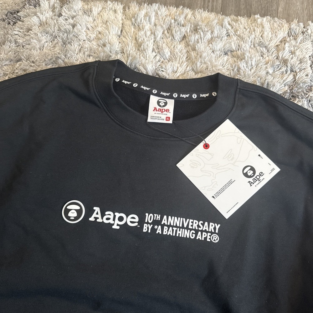 RARE BNWT Bape AAPE X Spalding 10TH Anniversary Moon Face Black Crewneck XL HTF - Picture 5 of 16